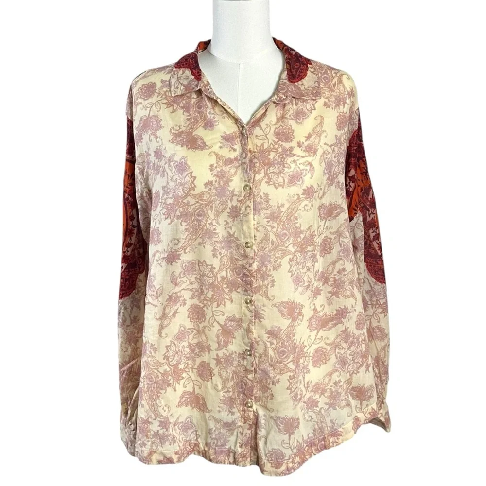 Free People Western Bohemian Dainty Rose Bud Button Down Oversized Blouse Medium